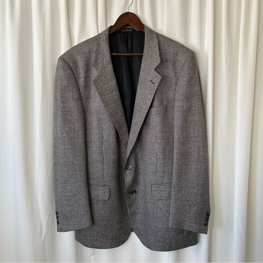VTG Burberrys x Saks Fifth Avenue Houndstooth Wool Blazer Sport Coat Gray Balck